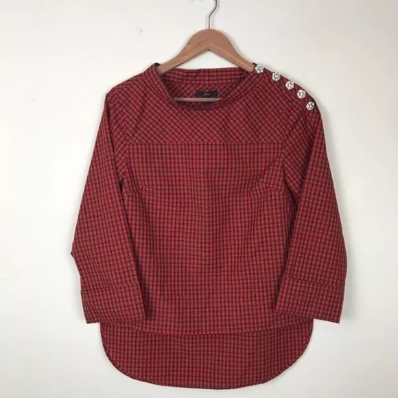 J. Crew Jewel Button Funnel Neck Plaid Shirt Size 6 - Picture 1 of 6